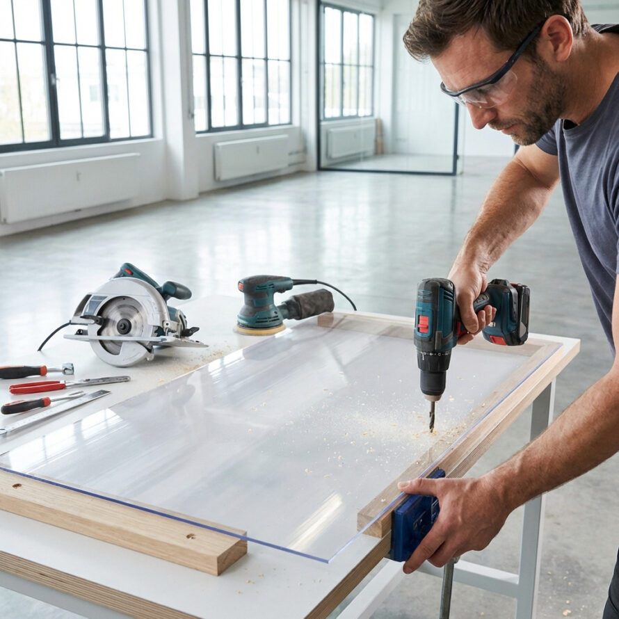 Persoon zaagt een transparante polycarbonaat plaat op maat met elektrisch gereedschap.