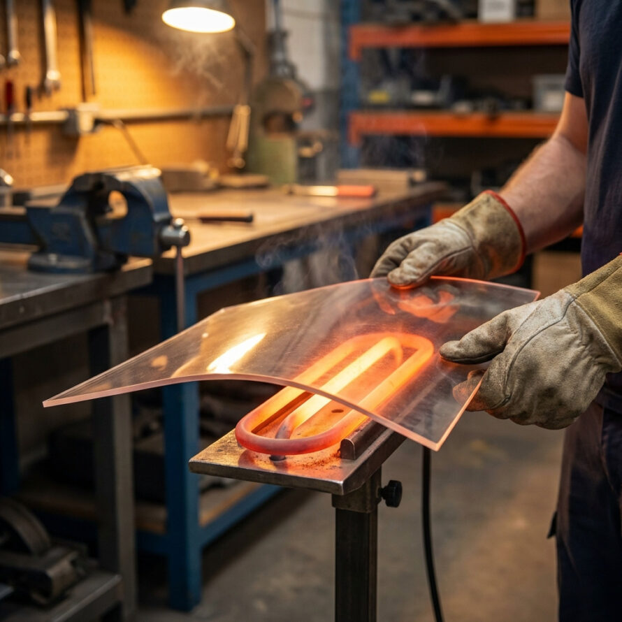 Verhitte polycarbonaat plaat wordt handmatig gebogen op een werkbank.