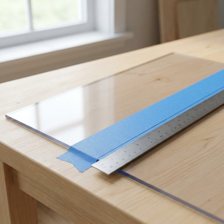 Polycarbonaat plaat met schilderstape en liniaal op houten werktafel bij raamlicht