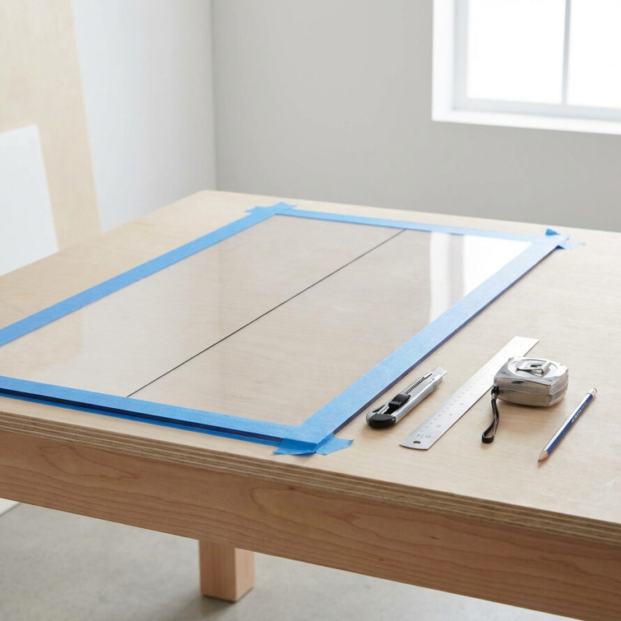 Transparante kunststof plaat op tafel met tape rondom en gereedschap klaar voor snijden