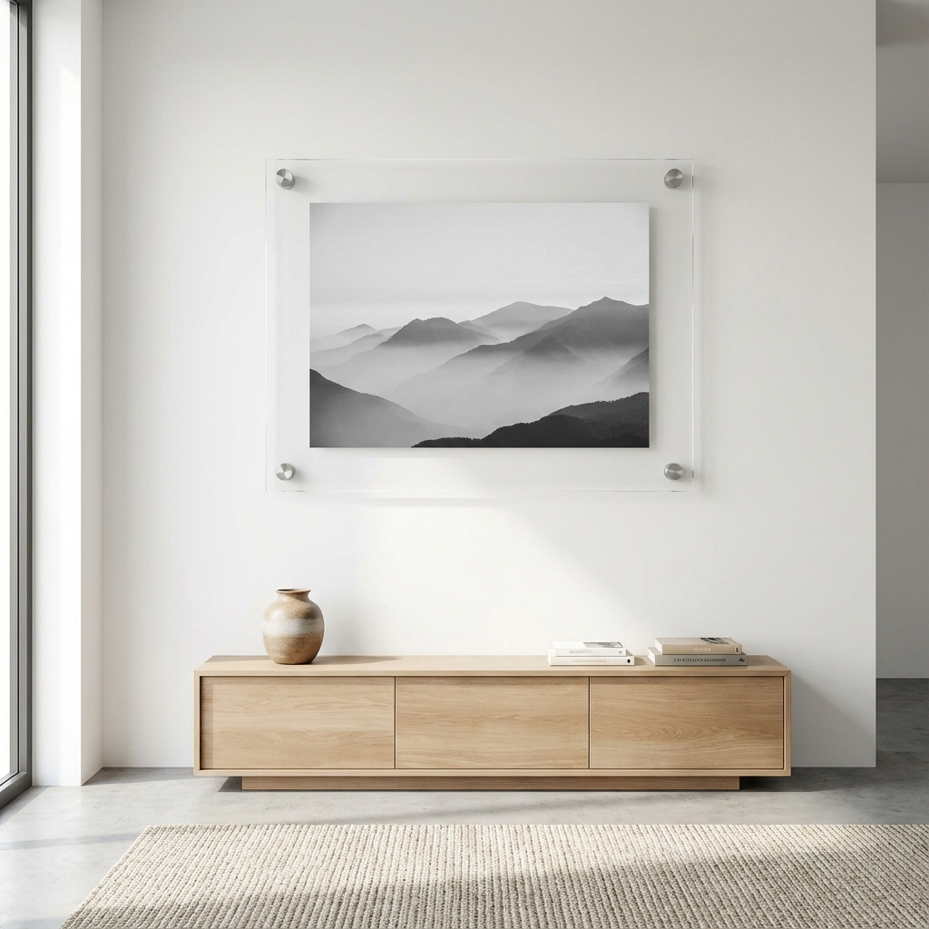 Aan de muur hangt een zwevende plexiglas fotolijst, bevestigd met RVS afstandhouders.