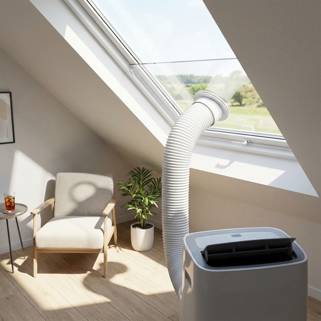 Mobiele airco in slaapkamer met schuin dakraam en plexiglas airco raamafdichting.