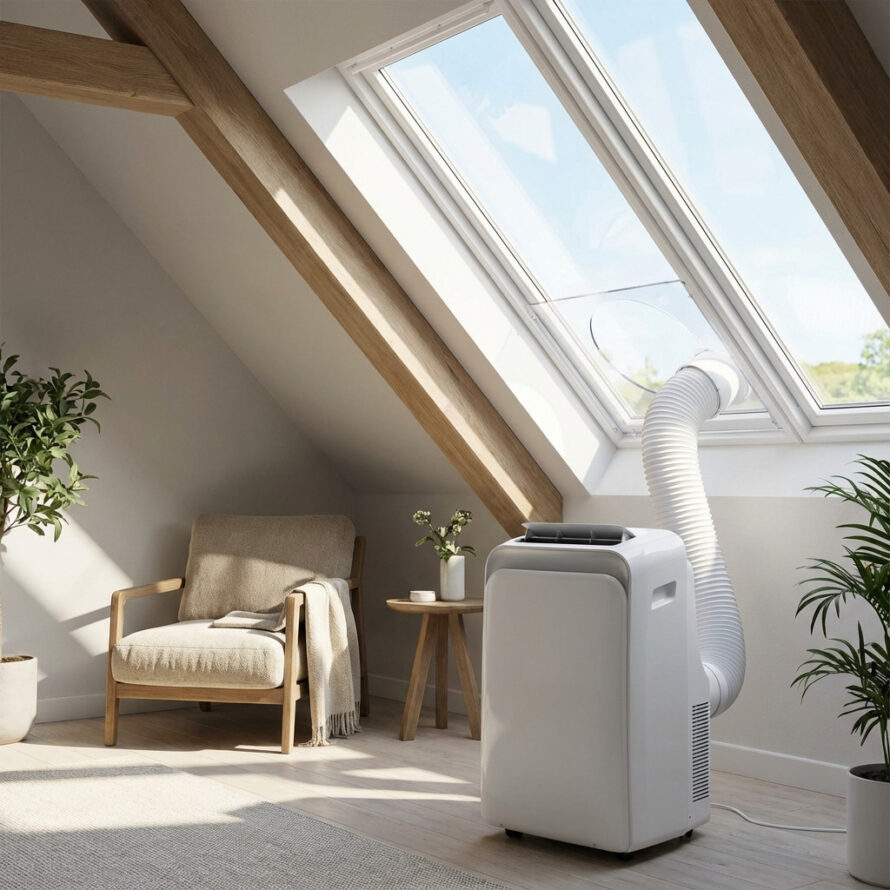 Airco afvoerslang gemonteerd in dakraam via heldere plexiglas afdichting.