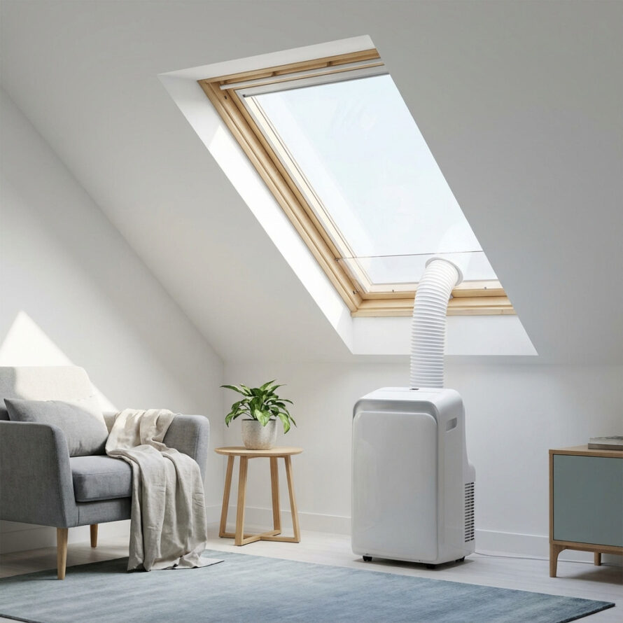 Close-up van mobiele airco met afvoerslang door plexiglas dakraam afdichting.