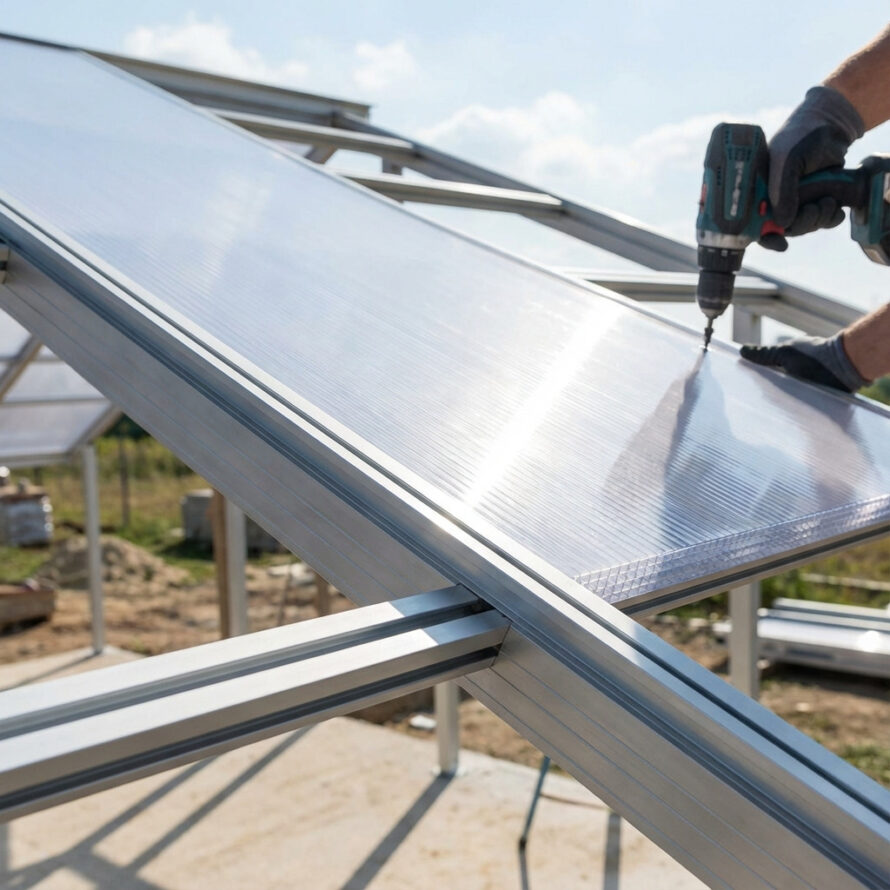 Montage van kunststof dakplaat op aluminium frame.