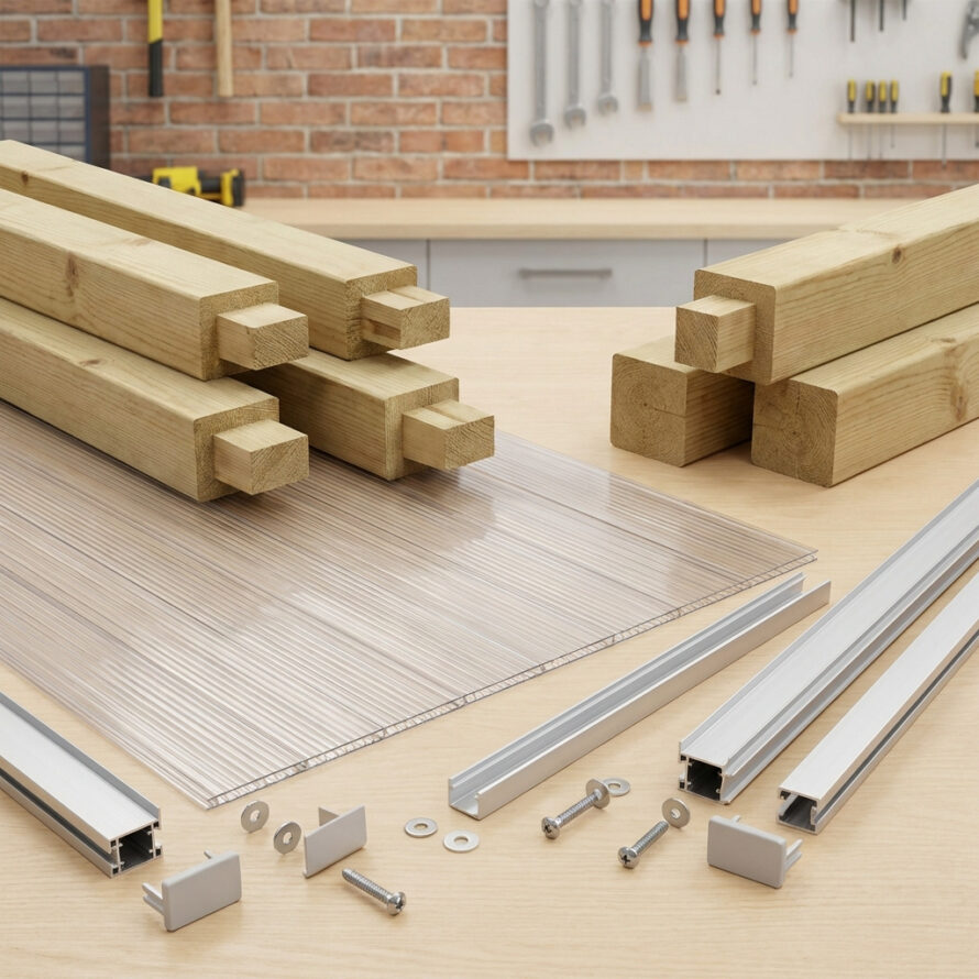 Complete set voor terrasoverkapping met kanaalplaten, profielen en montagemateriaal, houten framebalken los weergegeven in tuin.