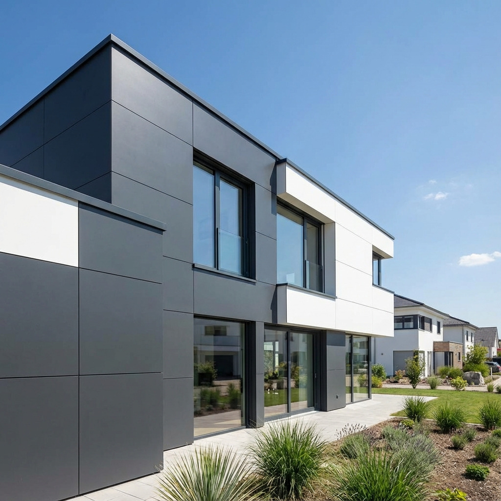 Een moderne vrijstaande woning met kunststof gevelbekleding van HPL en aluminium composiet.