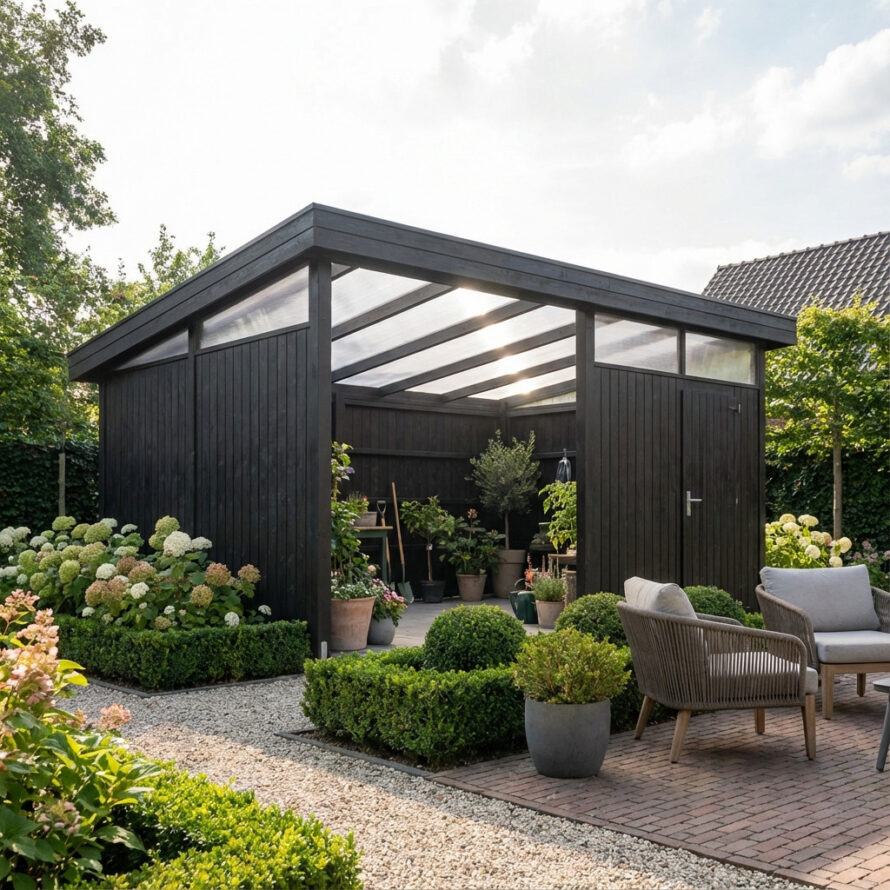 Schuurdak van polycarbonaat platen op maat, gemonteerd op een houten schuur