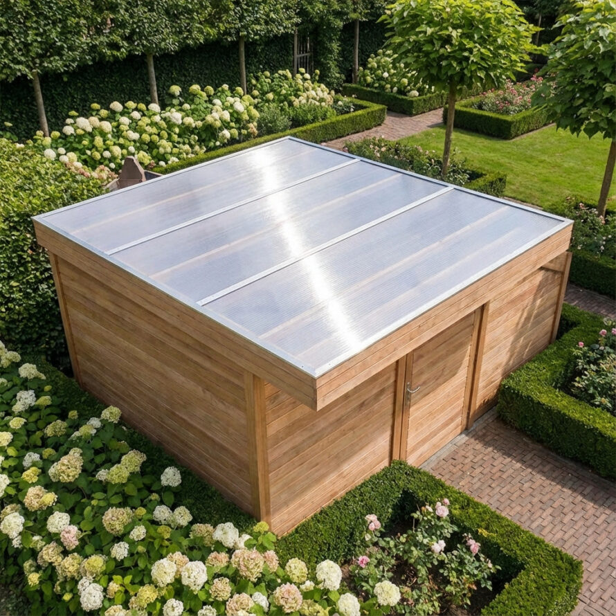 Houten schuur met lichtdoorlatend polycarbonaat dak in een groene tuin
