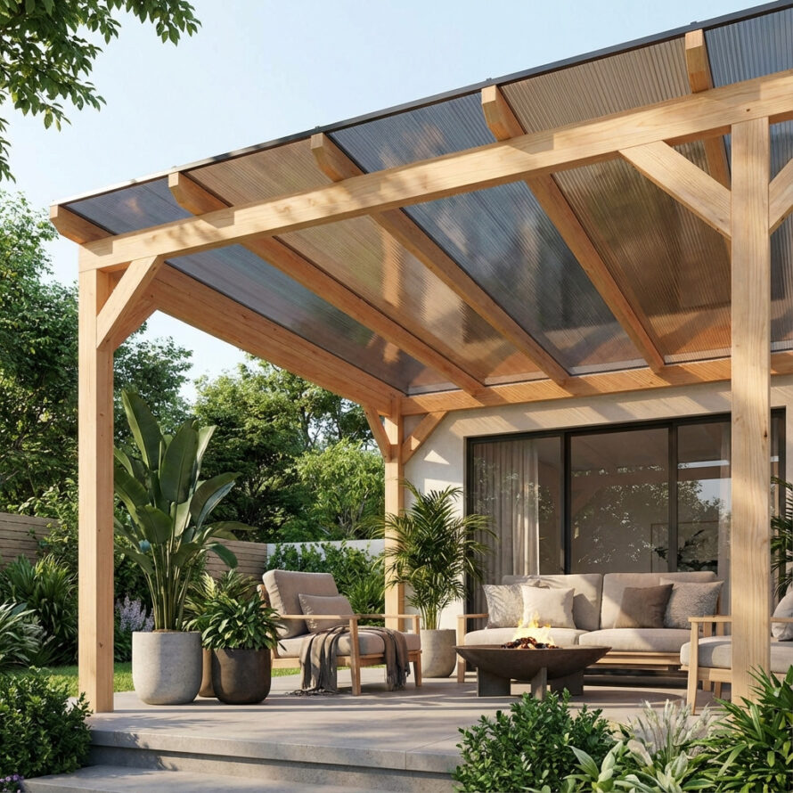 Terrasoverkapping met kunststof dak en houten staanders.