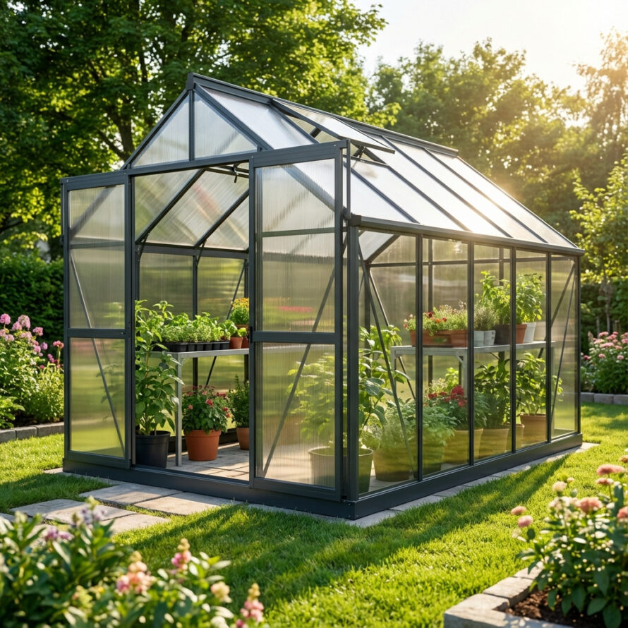 Transparante kunststof tuinkas geplaatst op een zonnige plek in de tuin met optimale lichtinval voor planten.