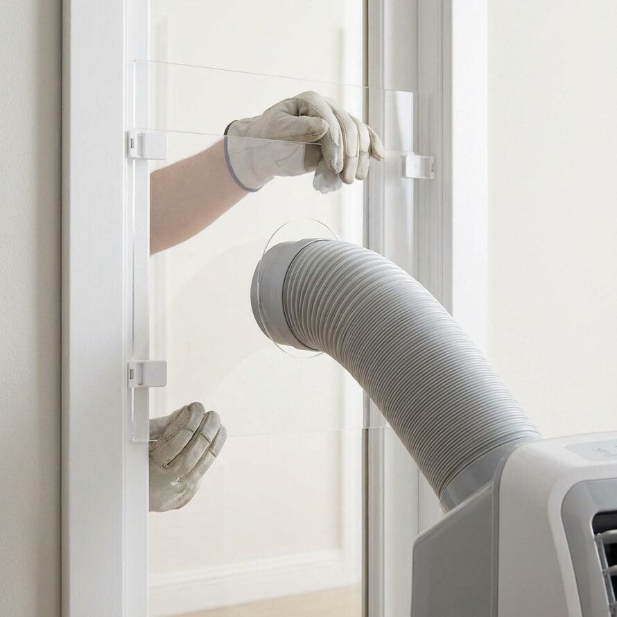 Afvoerslang van mobiele airco aangesloten op plexiglas raam- of deurafdichting.