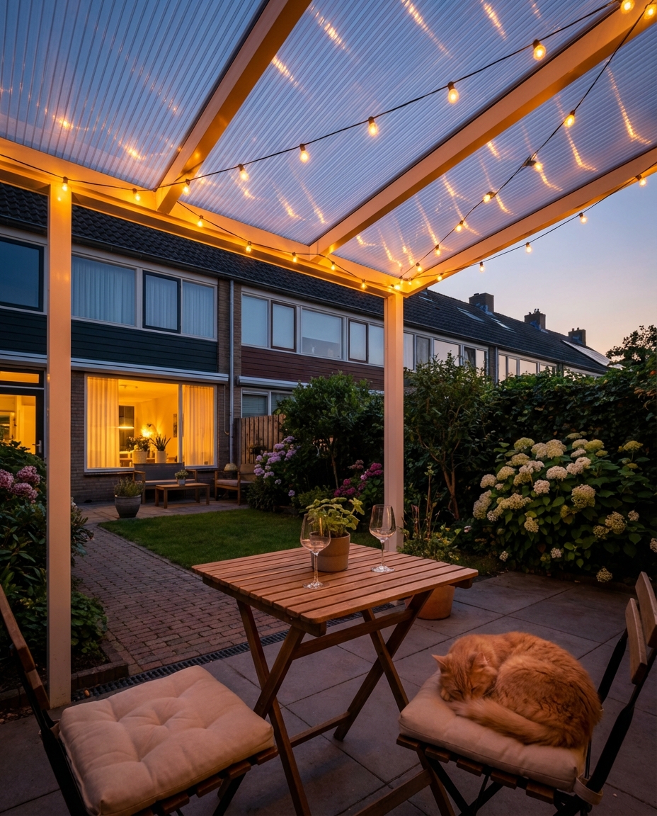 Overkapping achter in tuin, kanaalplaten opaal