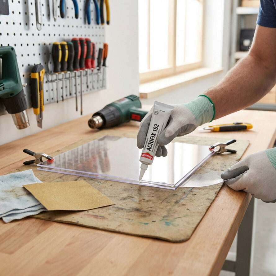 Persoon zaagt of snijdt een transparante plaat op een werkbank met gereedschap op de achtergrond.