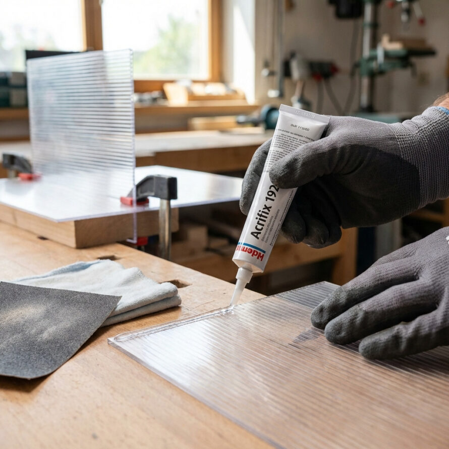 Handen in werkhandschoenen snijden of markeren een donkere plaat op tafel.