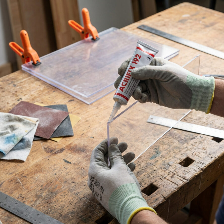 Persoon met handschoenen bewerkt een kunststof plaat met gereedschap op een houten werkbank.
