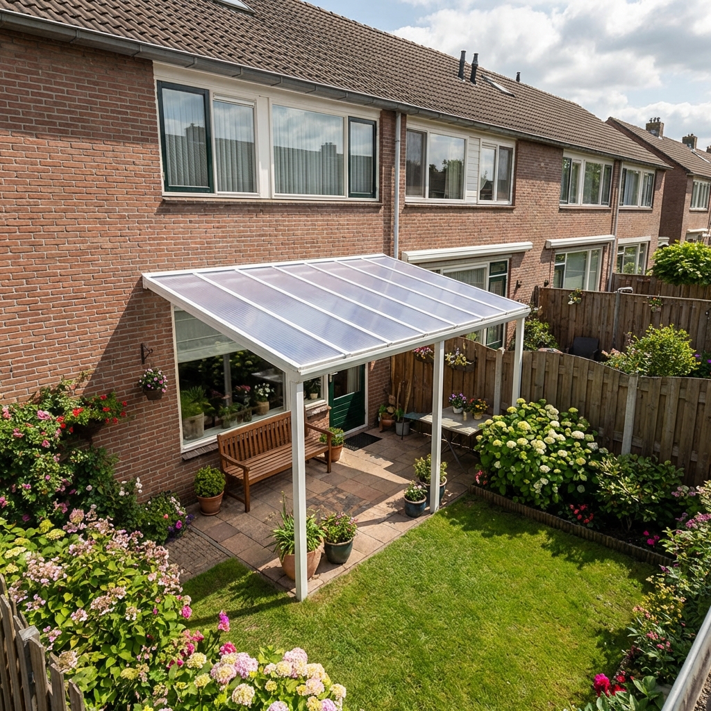 Polycarbonaat kanaalplaten afdak tuin in burgerlijke tuin