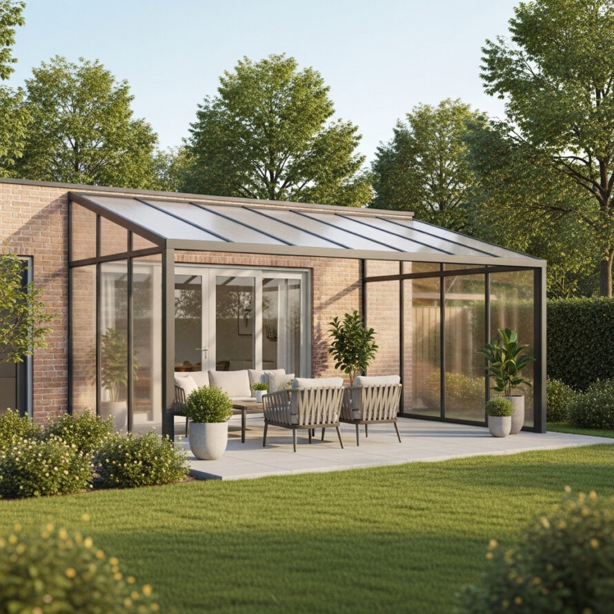 Vrijstaande terrasoverkapping met transparant polycarbonaat dak en glazen schuifwanden in groene tuin.