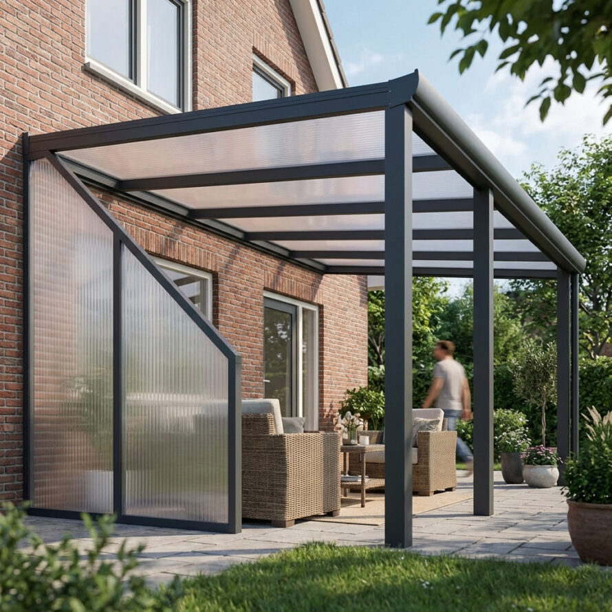 Moderne aluminium terrasoverkapping met polycarbonaat dak en zijwand naast een bakstenen woning.