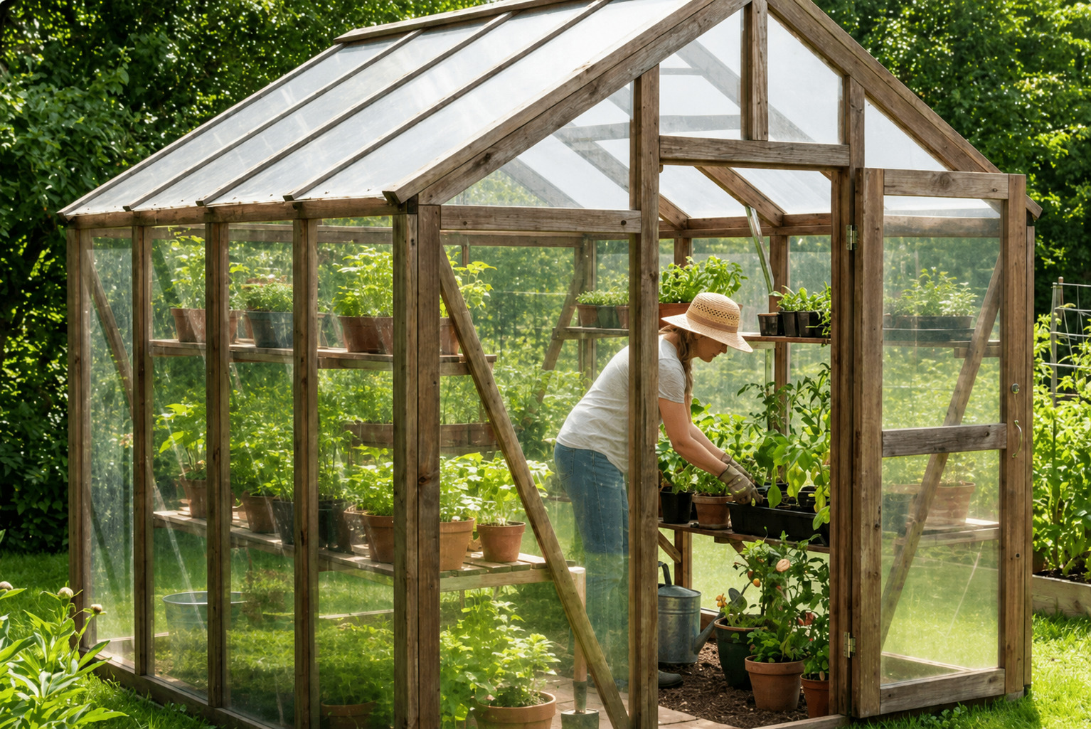 Houten kas met glazen dak voor het kweken van groenten, kruiden en planten.
