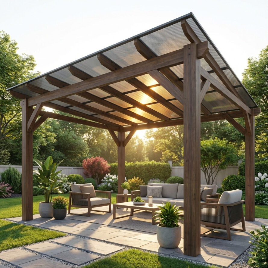 Vrijstaande tuinoverkapping met lichtdoorlatend kunststof dak.