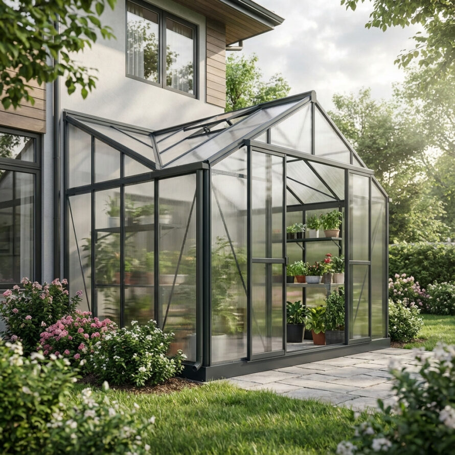 Veilige en robuuste tuinserre van helder polycarbonaat met strak aluminium frame en natuurlijke lichtinval.