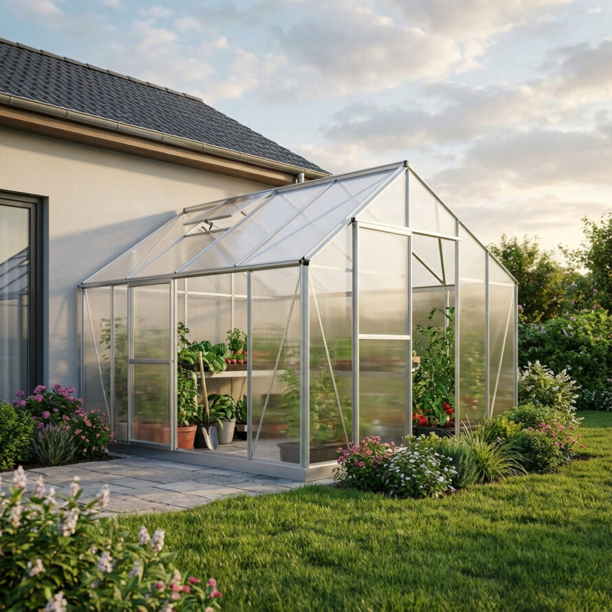 Strak vormgegeven moderne serre van helder polycarbonaat met aluminium frame en zachte natuurlijke verlichting.