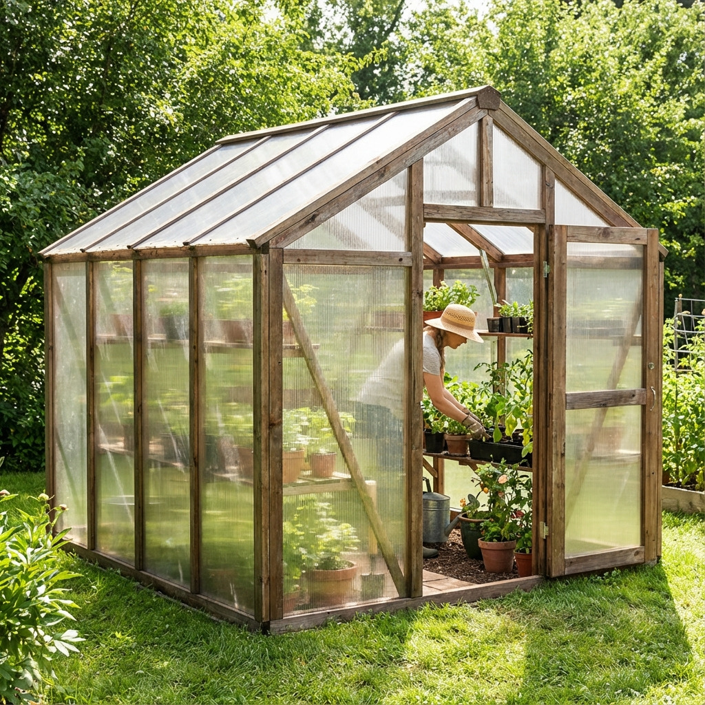 Zelfgebouwde tuinkas van transparant kunststof met polycarbonaat en plexiglas platen, zichtbaar houten of aluminium frame en veel natuurlijk licht in een groene tuin.