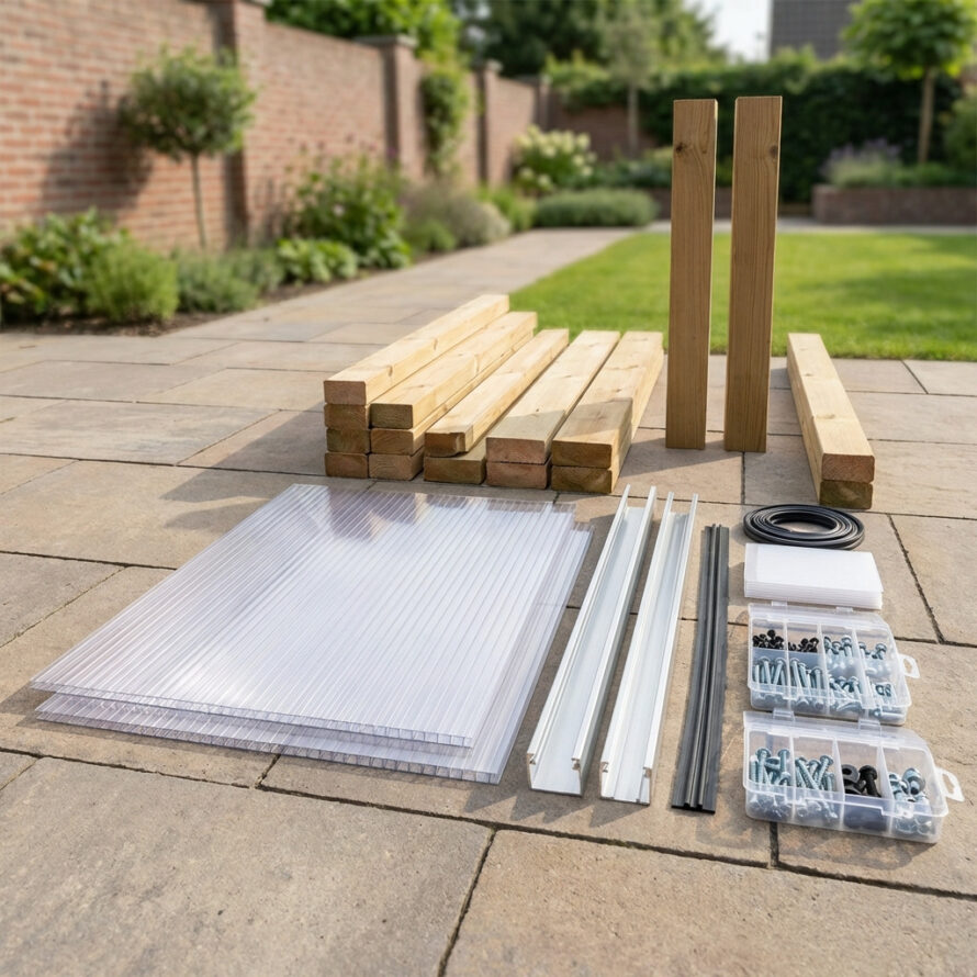 Polycarbonaat kanaalplaten set met aluminium profielen en bevestigingsmateriaal, houten staanders en liggers apart geplaatst in achtertuin.