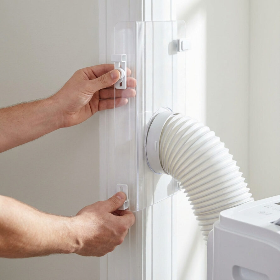 Close-up van een plexiglas afdichting waarin de slang van een mobiele airco naar buiten loopt.