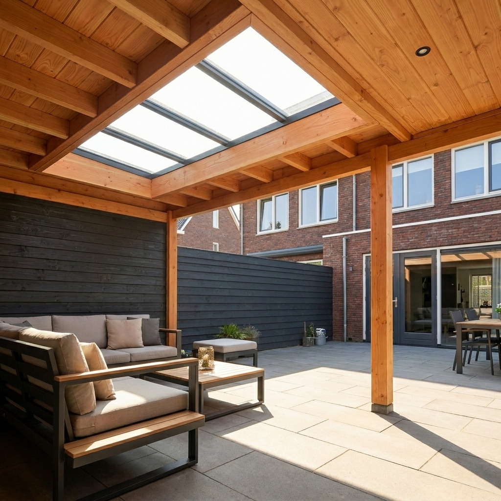 Luxe houten overkapping met meerdere glaspanelen in het dak voor maximale lichtdoorlaat en een open uitstraling.