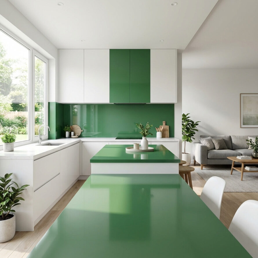 Strakke keuken met zwart HPL werkblad en bijpassende achterwand