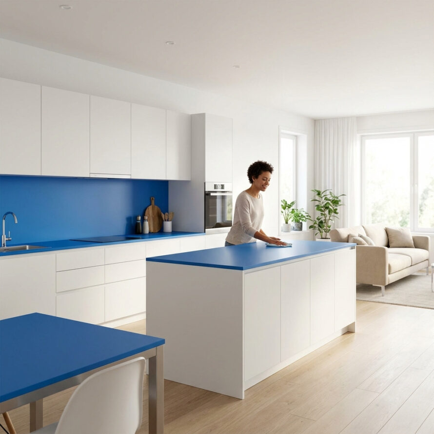 Moderne open keuken met witte keukenkastjes en een blauwe HPL achterwand en werkblad, harmonieus verbonden met de woonkamer.