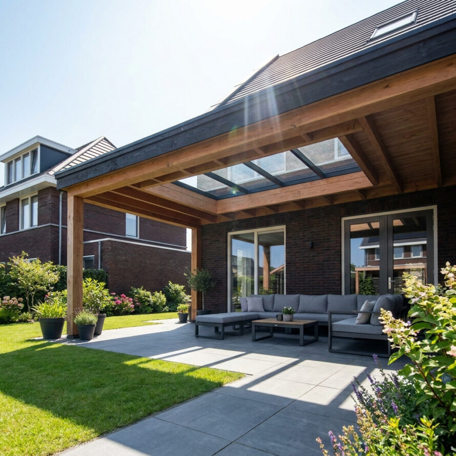Terrasoverkapping met glazen lichtstraat die zorgt voor veel natuurlijk licht onder de overkapping.