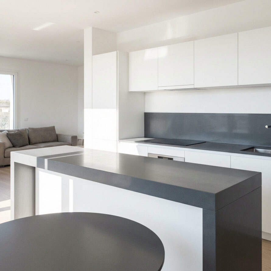 Moderne open keuken met witte keukenkastjes en zwarte HPL achterwand