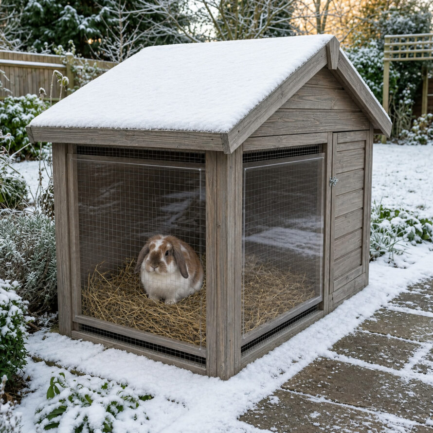 Grijs houten konijnenhok in de sneeuw met plexiglas windbescherming voor het gaas en een beschutte ruimte voor het konijn.