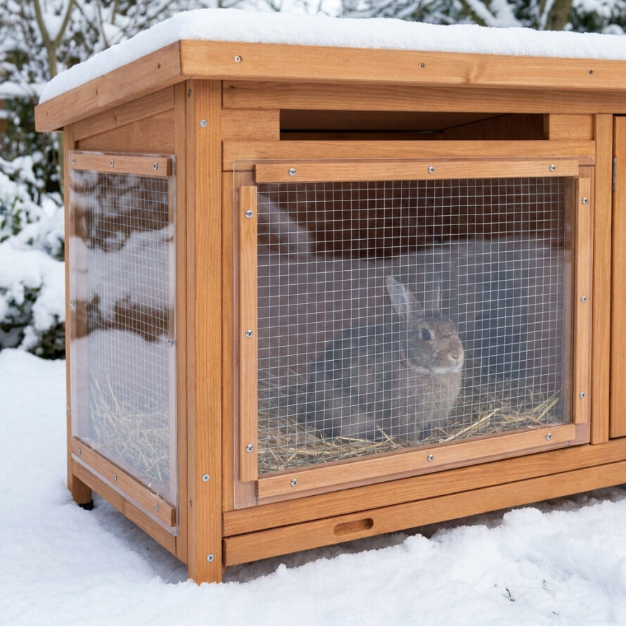 Houten konijnenhok met plexiglasplaten aan de voor- en zijkant, bevestigd met houten afwerklatten en zichtbare schroeven.