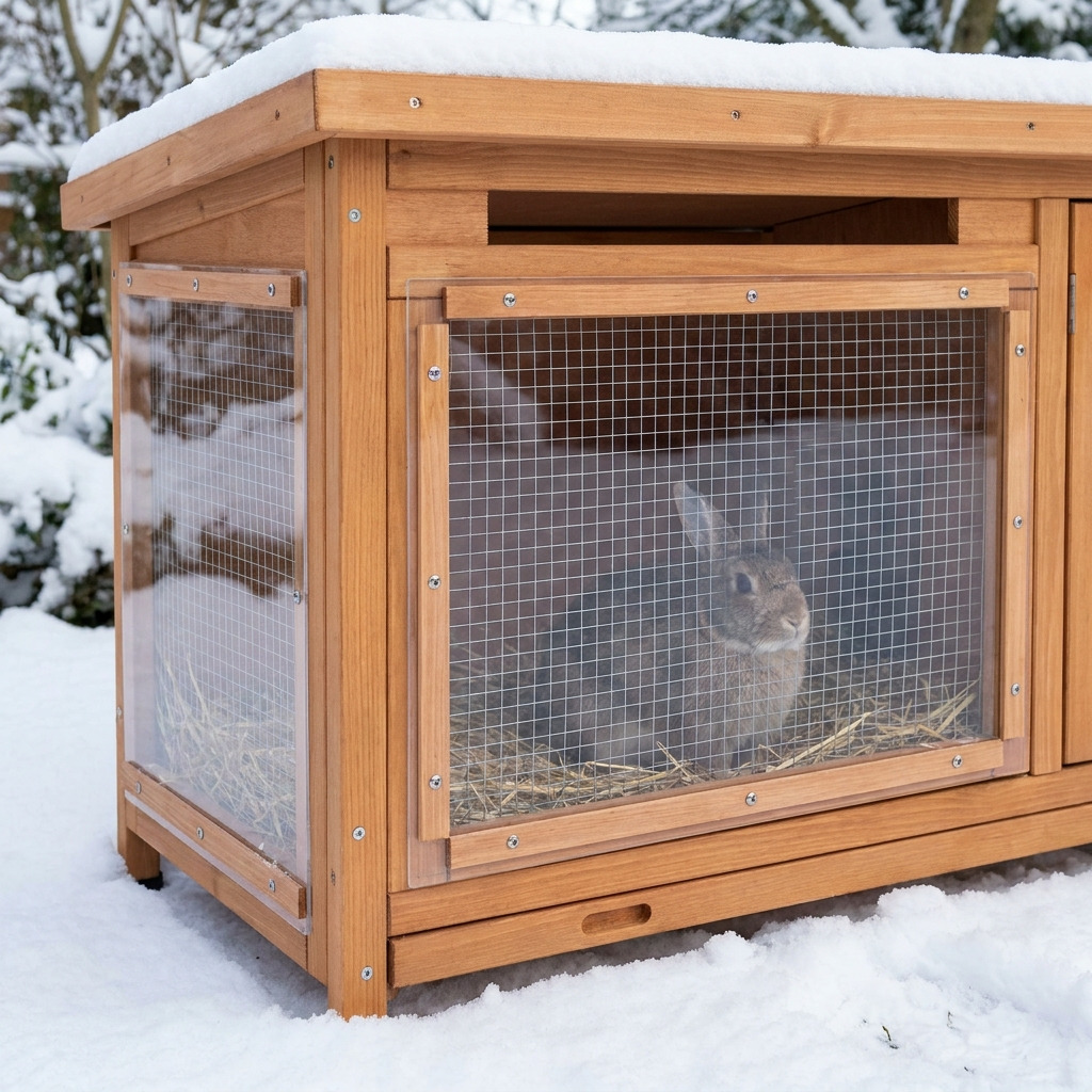 Houten konijnenhok met plexiglasplaten aan de voor- en zijkant, bevestigd met houten afwerklatten en zichtbare schroeven.