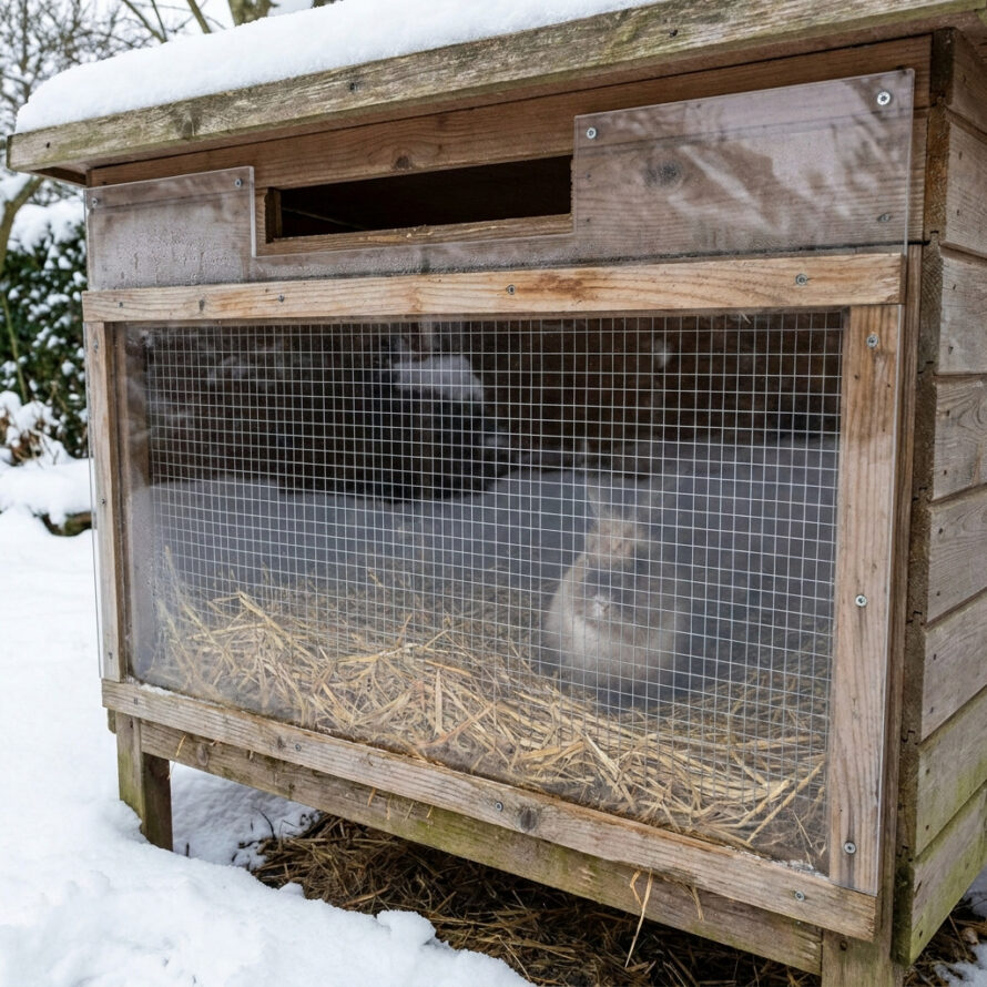 Buitenkonijnenhok met plexiglas voor het gaas en een open ventilatiesleuf voor voldoende luchtcirculatie in de winter.