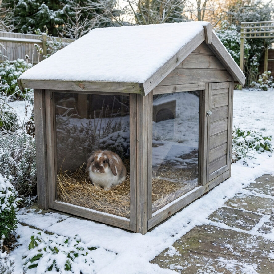 Buiten konijnenhok winddicht gemaakt met helder plexiglas