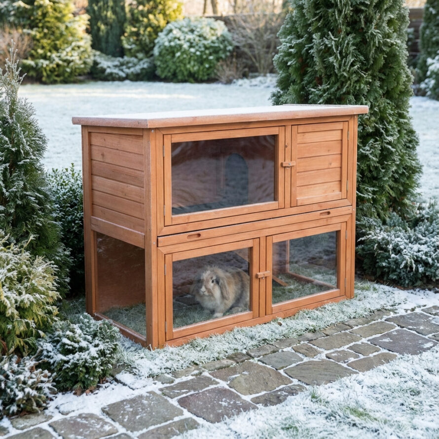 Konijnenhok met plexiglas platen voor extra beschutting in de winter