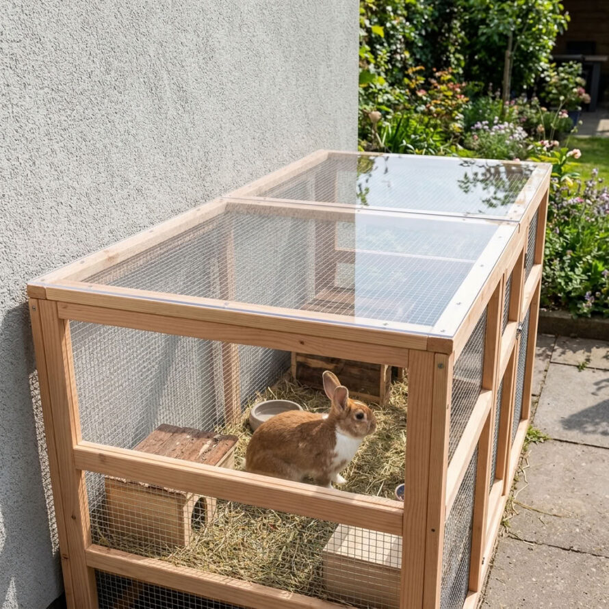 Konijnenren buiten bedekt met plexiglas