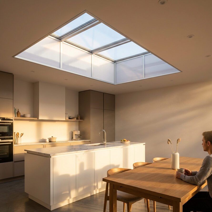 Lichtstraat van polycarbonaat in het dak van een moderne woning met lichte leefruimte.