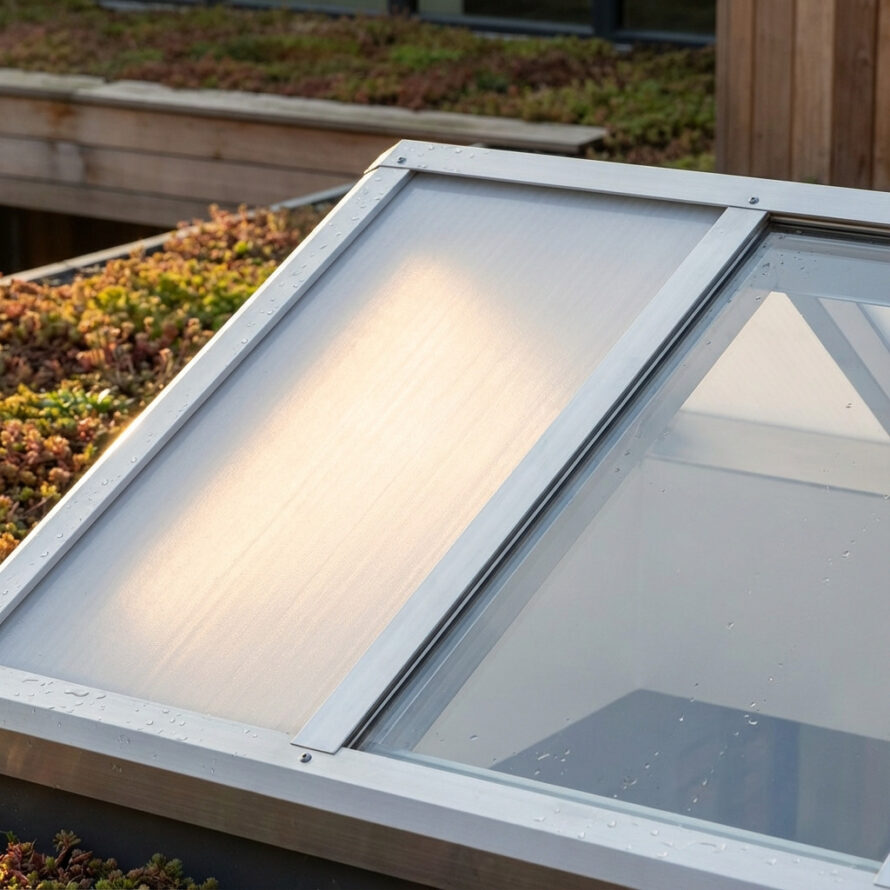 Close-up van een kunststof lichtstraat met helder en opaal polycarbonaat in aluminium frame.