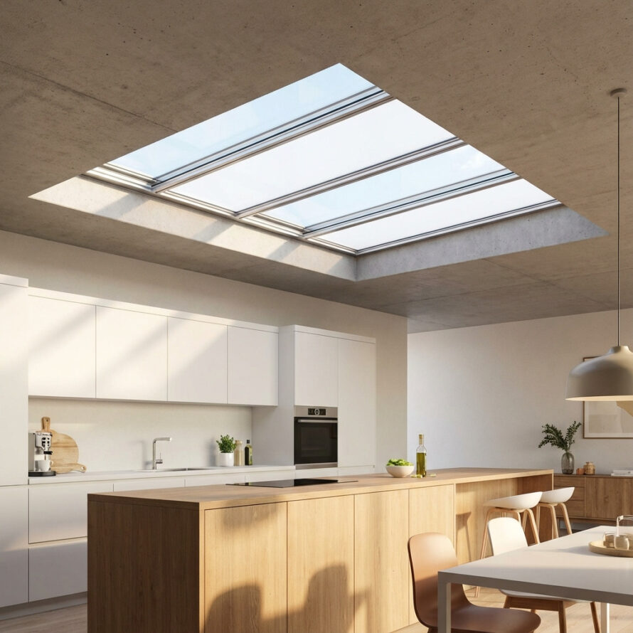 Opaal kunststof lichtstraat boven een woonruimte voor diffuse lichtinval en privacy.