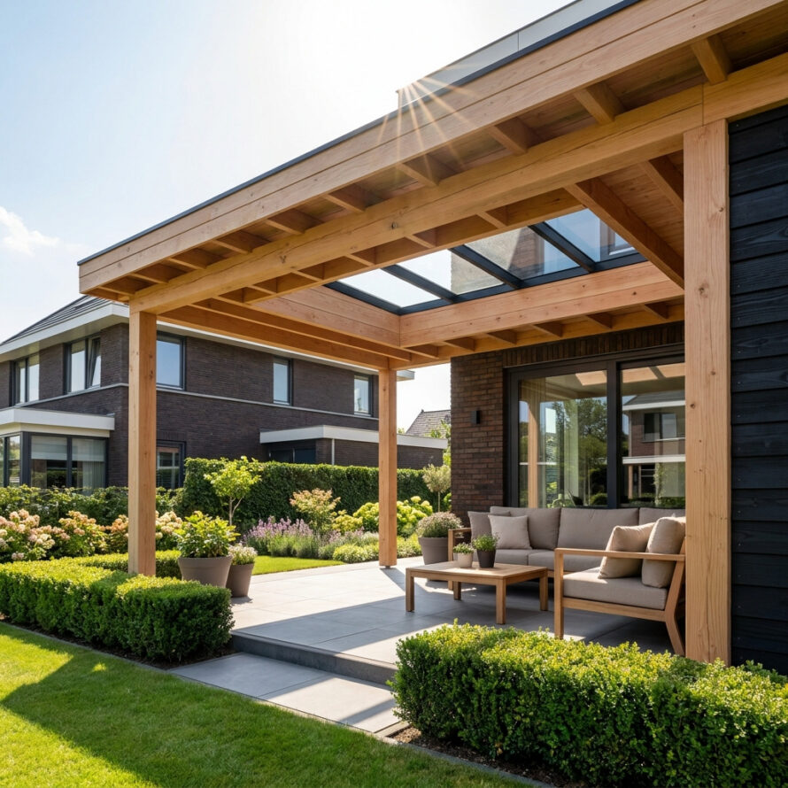 Moderne houten veranda met lichtstraat in het dak, voorzien van een comfortabele zithoek en uitzicht op de tuin.