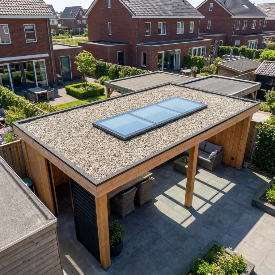 Luchtfoto van een houten overkapping met grote lichtstraat, geplaatst aan een woning met uitzicht op de tuin.