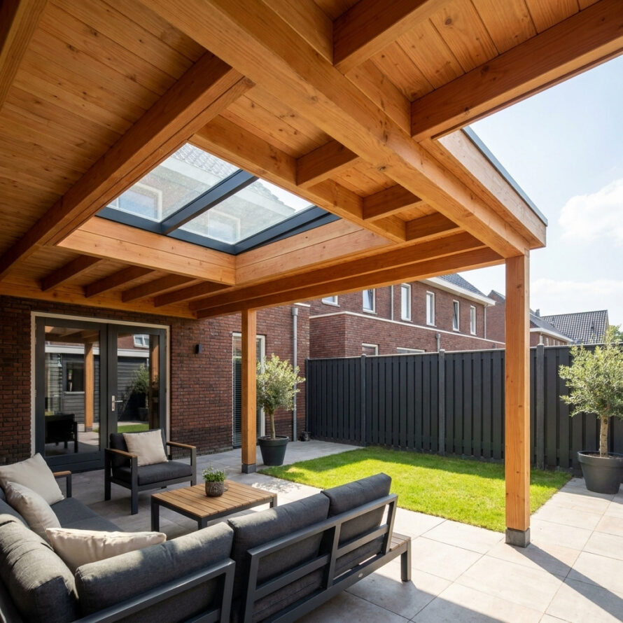Houten terrasoverkapping met geïntegreerde lichtstraat in het dak, waardoor extra daglicht binnenvalt op een moderne loungehoek.