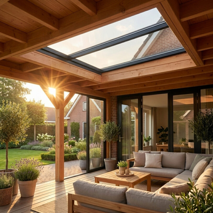 Houten veranda met grote lichtstraat en warme zoninstraling, ingericht als stijlvolle buitenkamer aan huis.