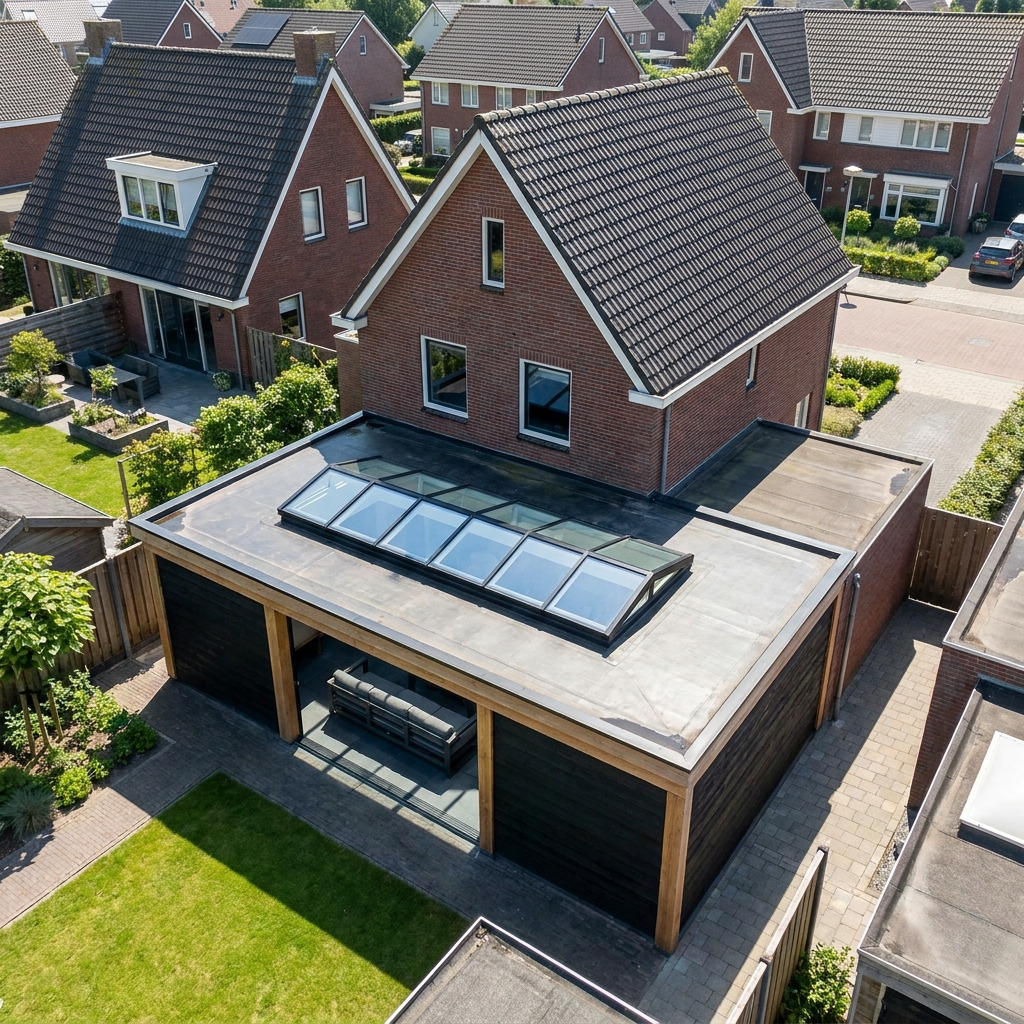 Overkapping met lichtstraat van helder glas voor extra lichtinval en een ruimtelijk gevoel in de buitenruimte.